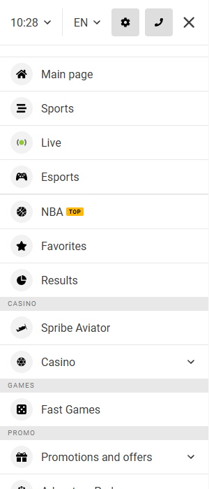 Melbet app main menu