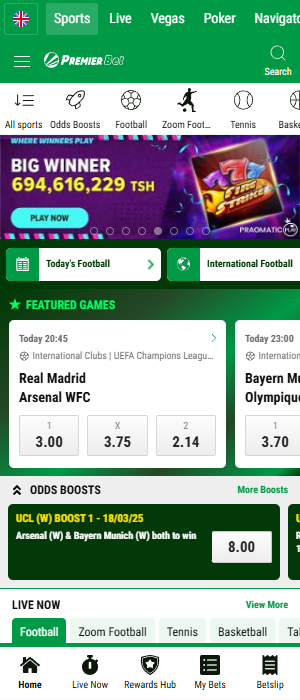 Premier Bet app home screen