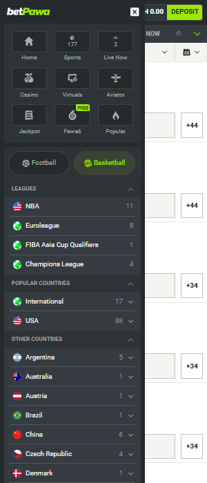 Main menu of BetPawa app