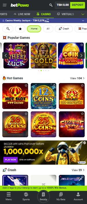 Casino games section of the BetPawa app