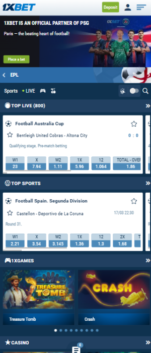 The main page of the 1xBet Tanzania app offers popular categories