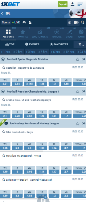 Section 'Sports' in the app 1xBet Tanzania