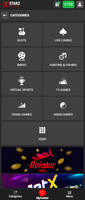 Categories of casino games in the 888STARZ Tanzania app