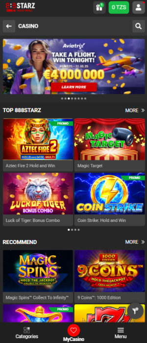 The 888STARZ Tanzania app offers a variety of casino games