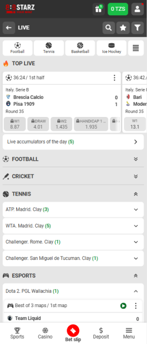 Live Betting section of the 888STARZ app