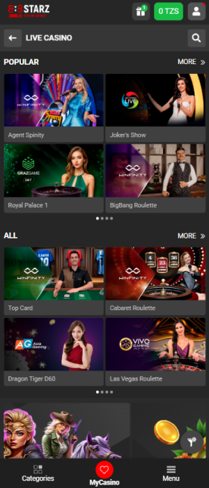 Live Casino section of the 888STARZ Tanzania app