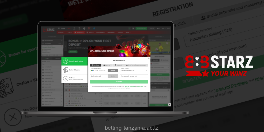 The registration process at 888STARZ Tanzania is available in several ways