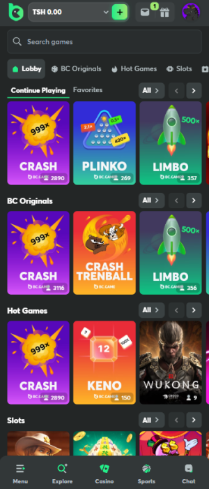 Casino section in BC Game mobile application