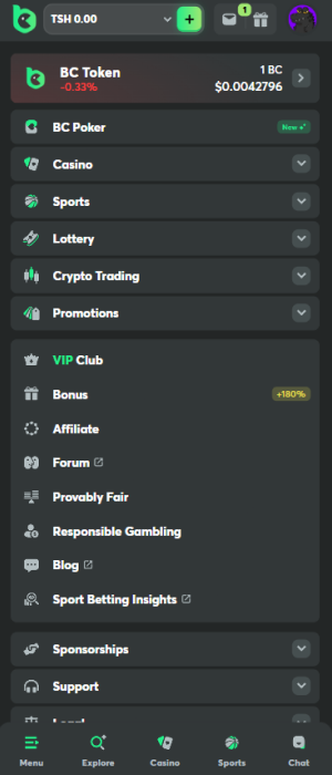 The main menu of the BC Game app contains the most important sections for quick access